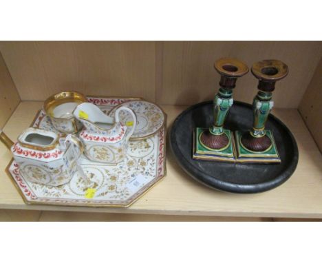 A small collection of 19th century Paris porcelain cabaret tea service, a pair of Wedgwood candlesticks and a black basalt di