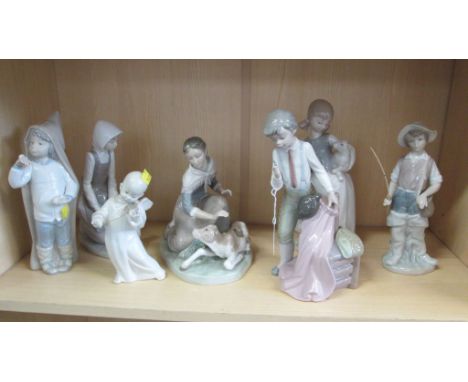 A Lladro figure of a young girl carrying lamb and basket of vegetables, together with five other Lladro figures and a Nao fig