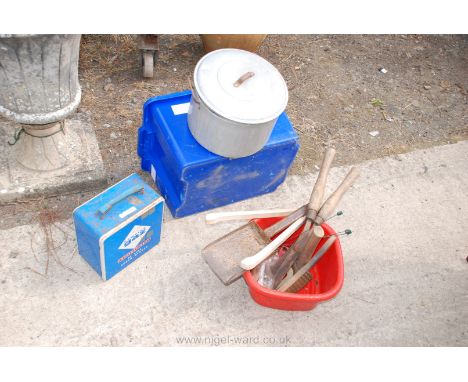 Aluminium saucepan and lid, camping gas stove and various tools, etc.,