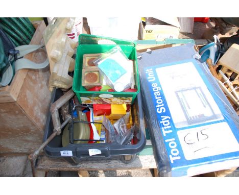 Box of G clamps, staples, candles, fixings etc and a Tidy Tool storage system