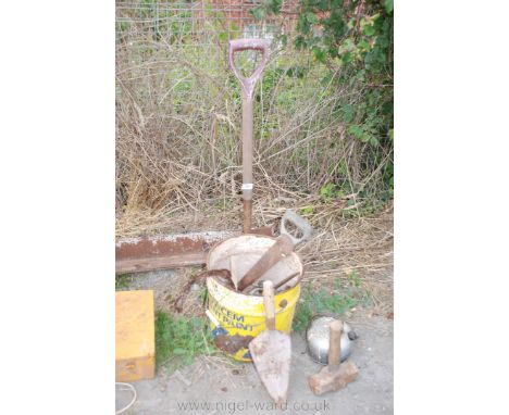 Garden fork, bricklayers trowel, hammer, tools etc.