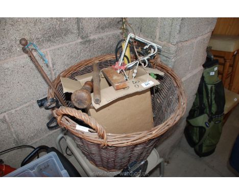 Wicker log basket, welding kit, fire irons, hand tools etc.