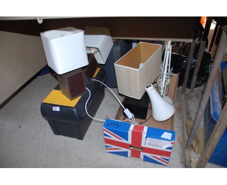 Tool box, two faux leather table lamps plus one other and angle poise lamp for restoration