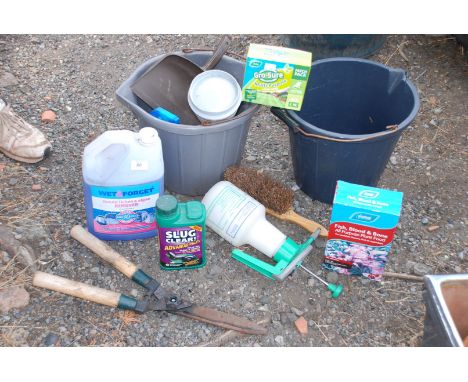 2 x buckets, garden lawn seed, tools, etc.,