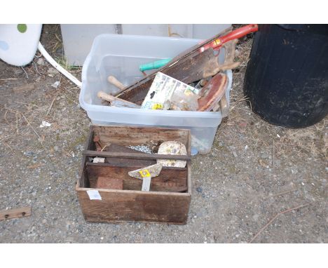 Box of garden hand tools, leather tape measure 30', shelf brackets, etc.,