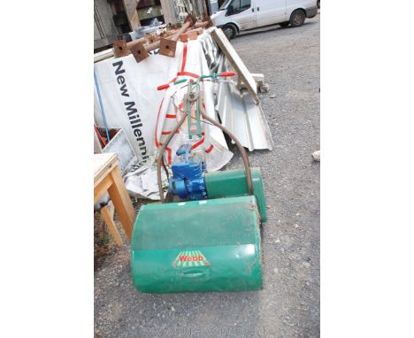 Webb cylinder lawn mower 24" cut with petrol engine, grass box and trailed seat-attachment hitch. 