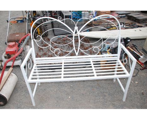 Wrought iron garden bench with butterfly design to back approx. 4' long.