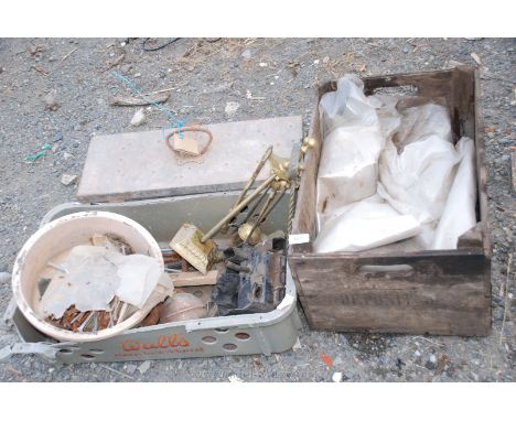 Old fruit box, brass companion set, brass beer taps, metal tool box and various fittings.