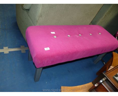 Plum velour covered bench seat, 18'' high x 16'' deep x 39'' long.