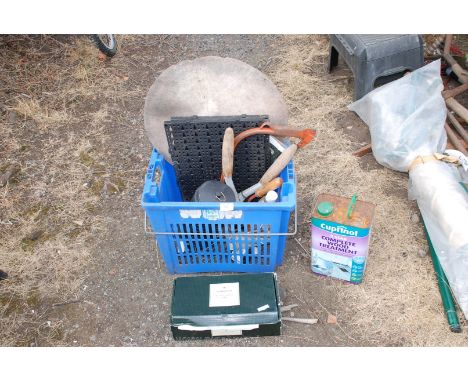 Crate of leather furniture renovation kit, woodworm treatment and misc. hand tools.