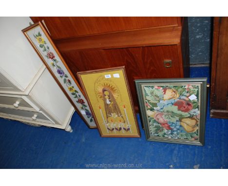 Four framed tapestry pictures, one a/f