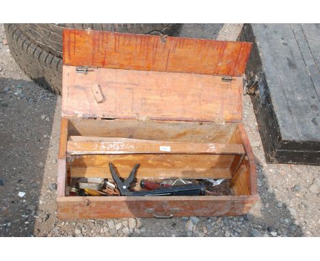 Wooden tool box and contents.