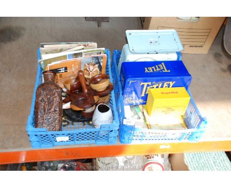 Set of kitchen scales enamel sign, comics, cigarette card books, treen and pottery.