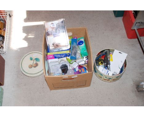 Box of energy saving lamps, leather upholstery cleaning kit, small hand tools, fittings etc.