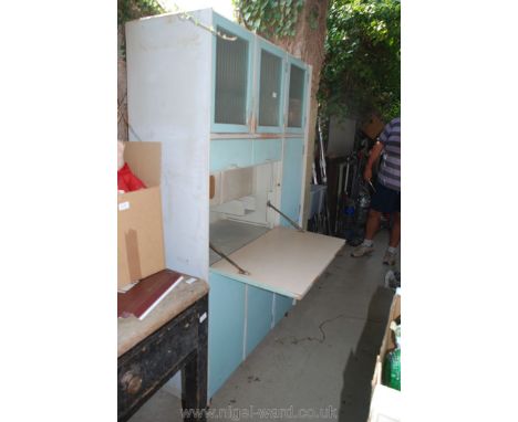 Vintage kitchen larder cabinet with three glazed doors, drop-down shelf and meat safe in duck egg blue finish, 71" high x 17"