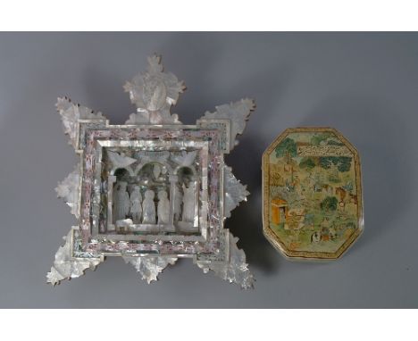 A mother of pearl and olive wood diorama of the Nativity, 20th century, possibly originating from Jerusalem, 35cm high, toget