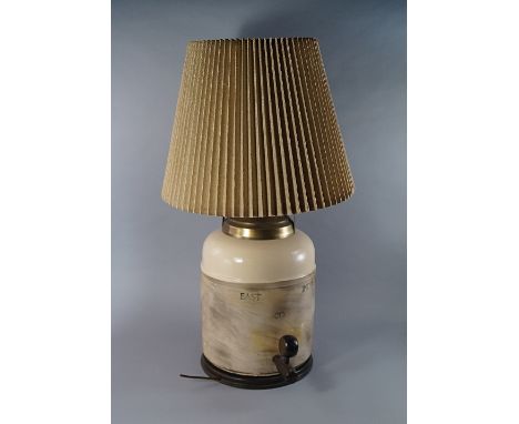 A large earthenware pottery jar, 20th century, printed with the words 'East India Co', mounted as a lamp, 79cm high including