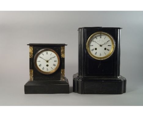 A French slate and marble mantel clock, 19th century, with white enamel dial and Roman numeral chapter ring, 25cm high, toget