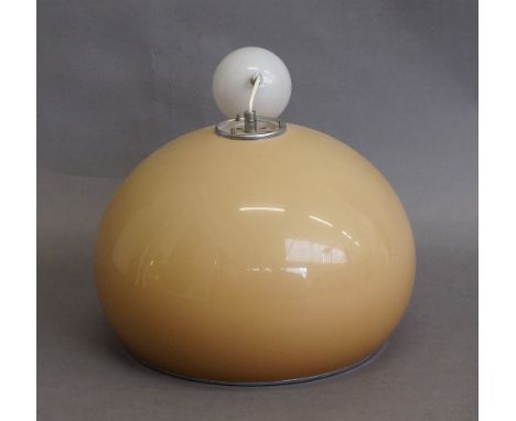 A spherical cafe-au-lait coloured plastic and metal ceiling light, circa 1970-80, with a chromed metal edge,  33cm high(It is
