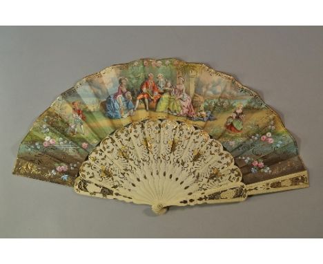 An Edwardian fan in the 18th century style, with carved, gilded and silvered bone guards and sticks and hand coloured lithogr
