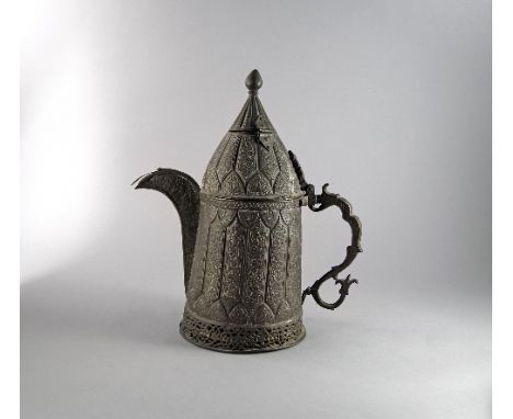 A large jug, possibly a North African coffee pot, 19th/20th century, with a hinged lid and finial, moulded with panels of fol