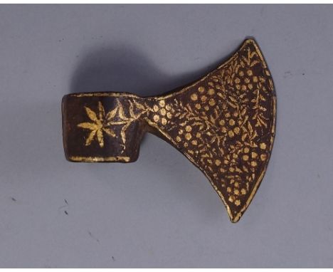 An Islamic iron and gilded axe head, 18th/19th century, decorated with stylised foliage, 10cm wide CONDITION REPORT: no condi