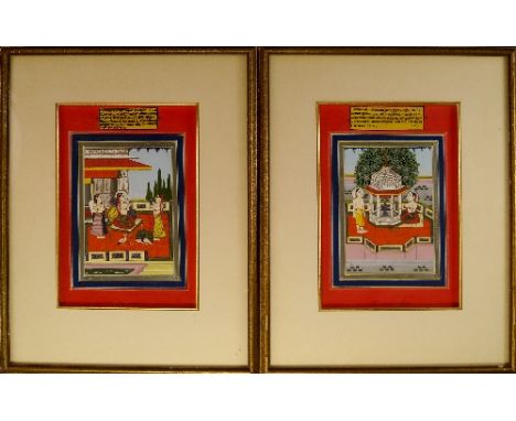 A pair of Jaipur School gouache paintings, mid 19th century, depicting scenes from the Bhairavi Ragini of male and female fig