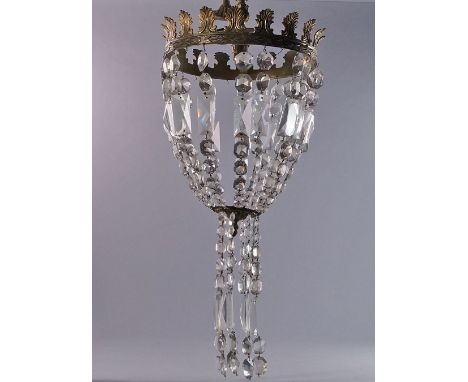 A pair of metal and lustre hung ceiling lights, 20th century, the ring corona with stiff leaf crenelations, above basket form