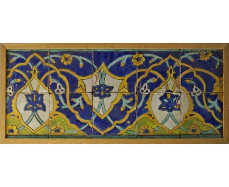 An Islamic Timurid cuerda seca style glazed pottery tile panel, possibly Samarkand, 16th/ 17th century, comprising ten square