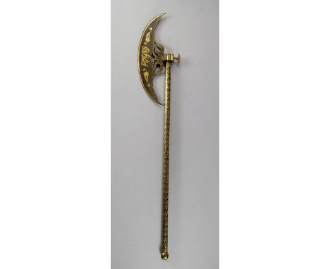 A Qajar damascened axe, the slim blade with damascened border and script flanked by foliate sprigs both sides, the handle of 