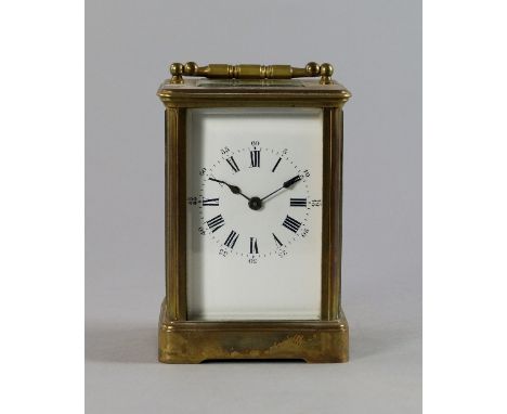 A French brass carriage clock, 20th century, with plain rectangular case, on stepped base, the white enamel dial with Roman a