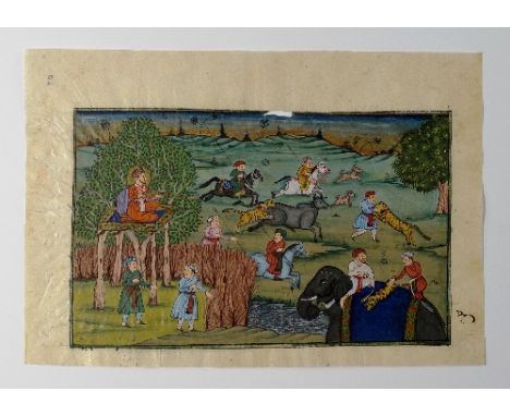 An Indian miniature painting of a tiger hunting scene, 19th century, opaque watercolour on paper, the hunters on horseback, w