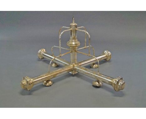 An Art Deco style chromed metal four light chandelier, 20th century, of tubular cross design with knopped terminal endings, w