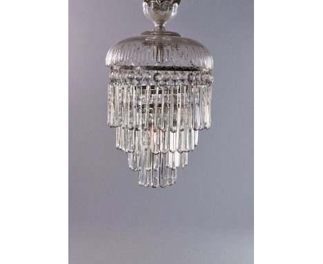 A lustre hung ceiling light, 20th century, the corona of inverted bowl form, hung with four tiers of rectangular lustres, 43c
