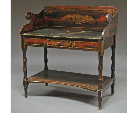 A Regency painted pine washstand, painted brass style inlay, turned legs and conforming shelf, 102cm high x 94cm wide x 53cm 