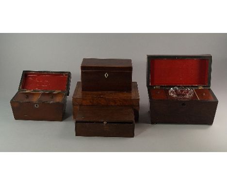 A rosewood sarcophagus form tea caddy, early 19th century, together with glass mixing bowl, 27cm wide, together with a smalle