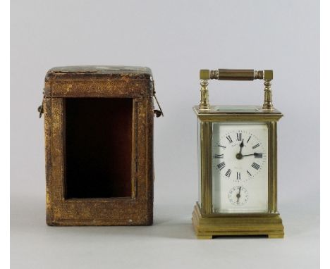 A French brass carriage clock, 20th century, with plain rectangular case, on stepped base, the white enamel dial with Roman c