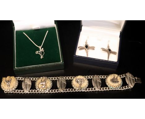 Pair of Silver Dragonfly Earrings, Together With A Musical Note Pendant And Chain + An African White Metal Bracelet