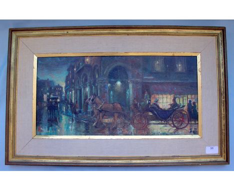 R. KITCHEN Impressionist Oil Panel Depicting A Paris Street Scene At Night With Figures In Horse Carriages On A Rainy Evening