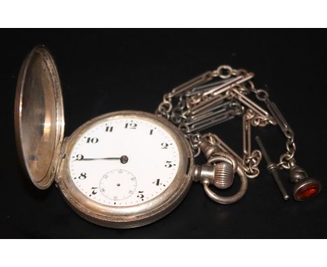 Silver Full Hunter Pocketwatch, White Enamelled Dial, Arabic Numerals With Subsidiary Seconds, Complete With Fancy Link Alber