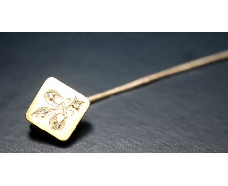 French Gold Diamond Stick Pin, Rose Cut Diamond Fleur De Lys Design, 