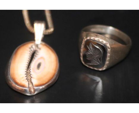 Silver Mounted Pendant And Chain Together With A Gents Intaglio Silver Ring
