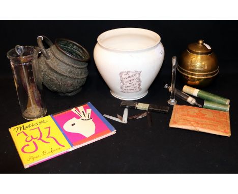 Mixed Lot Comprising British Empire Exhibition 1924 Brass Lipton's Souvenir Tea Caddy,Unopened Packet Of Petal Dust, Glass Sy