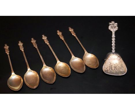 6 Silver Apostle Spoons Fully Hallmarked For Birmingham 1912, Makers A J Bailey Together With An Unmarked Dutch Silver Caddy 