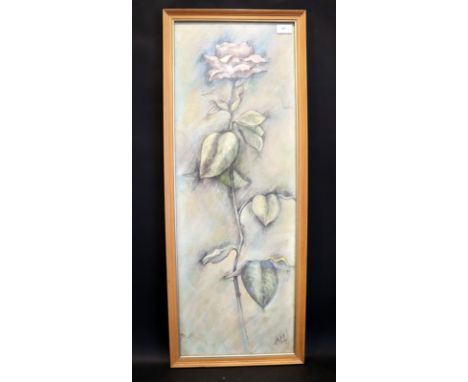 Large Pastel Drawing Of A Single Stemmed Rose, Finely Executed, Monogrammed A. M c1900's, 36 x 14 Inches 