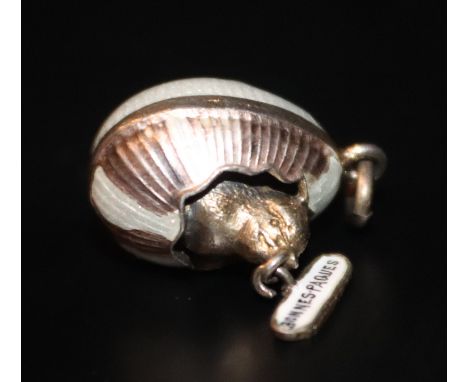 French Guilloche Enamel Easter Egg Charm With Chick Holding A Bonnes Paques Message, Predominantly Cream Coloured, Approx 16m