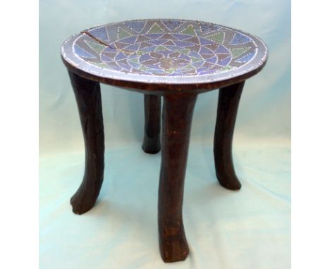 Antique African 4 Legged Stool, Glass Beads Inlaid To The Bowl Top, Height 13 Inches, Diameter 13 Inches AF 