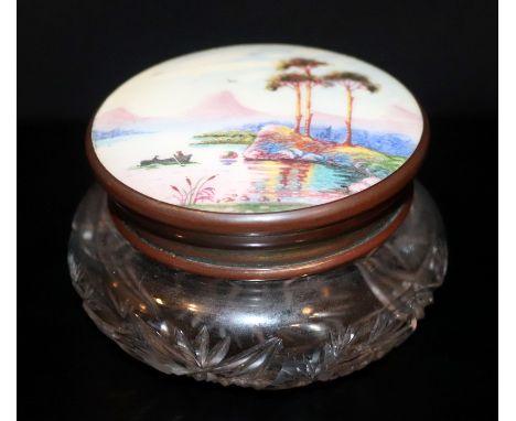 Ladies Dressing Table Glass Jar, Enamel On Copper Cover Depicting A Mediterranean River Scene, Diameter 4 Inches