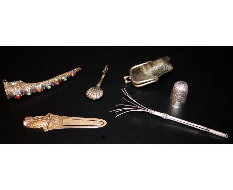 Small Mixed Lot Comprising A Silver Retractable Swizzle Stick, A Silver Thimble, Fully Hallmarked H.C &amp; S In Leather Pouc