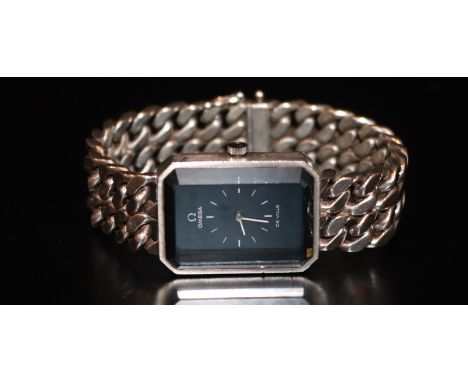 Rare Omega 1970s Jeux D'Argent Solid Silver Watch. Dark blue rectangular dial with canted corners, white baton markers and ha